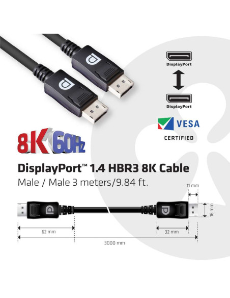 CLUB3D DisplayPort 1.4 HBR3 8K 28AWG Cable M/M 3m /9.84ft