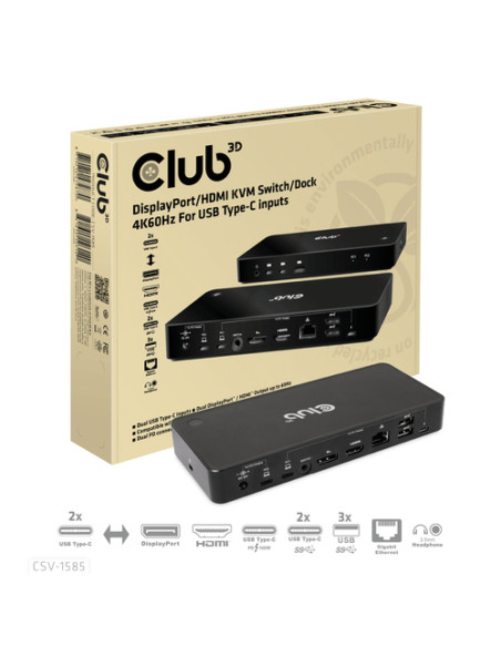 CLUB3D DisplayPort/HDMI KVM Switch/Dock 4K60Hz For USB Type-C inputs