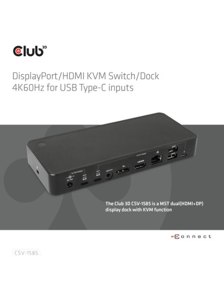 CLUB3D DisplayPort/HDMI KVM Switch/Dock 4K60Hz For USB Type-C inputs