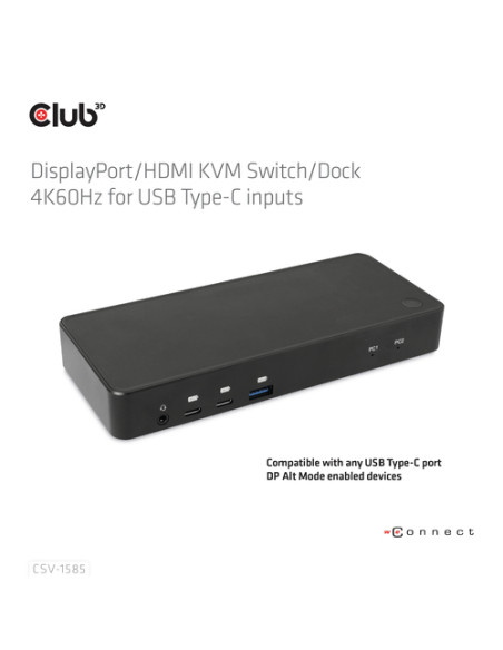 CLUB3D DisplayPort/HDMI KVM Switch/Dock 4K60Hz For USB Type-C inputs