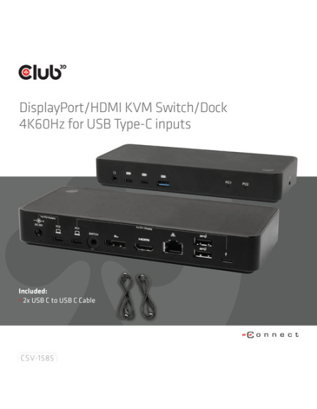 CLUB3D DisplayPort/HDMI KVM Switch/Dock 4K60Hz For USB Type-C inputs