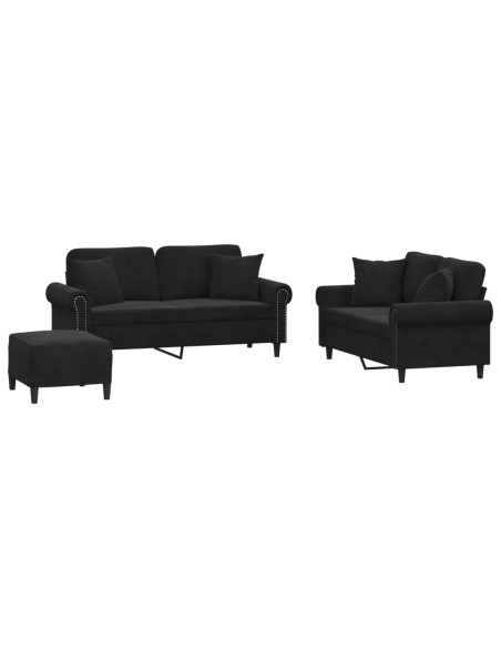 Set di Divani 3 pz con Cuscini Nero in Velluto