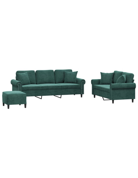 Set di Divani 3 pz con Cuscini Verde Scuro in Velluto