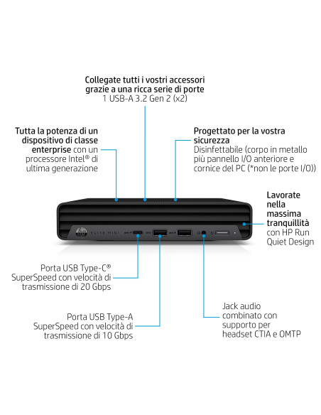 HP Elite Mini 800 G9 Intel® Core™ i5 i5-13500T 16 GB DDR5-SDRAM 512 GB SSD Windows 11 Pro Mini PC Nero