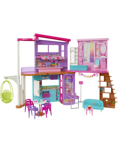 Barbie Casa di Malibu (106 cm) playset casa delle bambole con 2 piani, 6 stanze, ascensore altalena e più di 30 pezzi, Giocatto