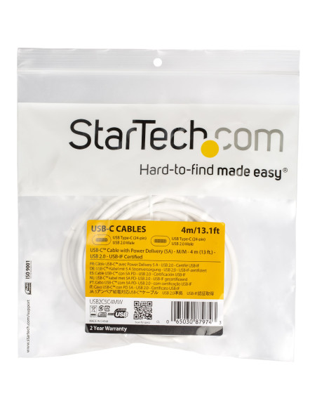 StarTech.com Cavo USB-C a USB-C 5A PD - M/M - Bianco - 4m - USB 2.0 - Conforme USB-IF