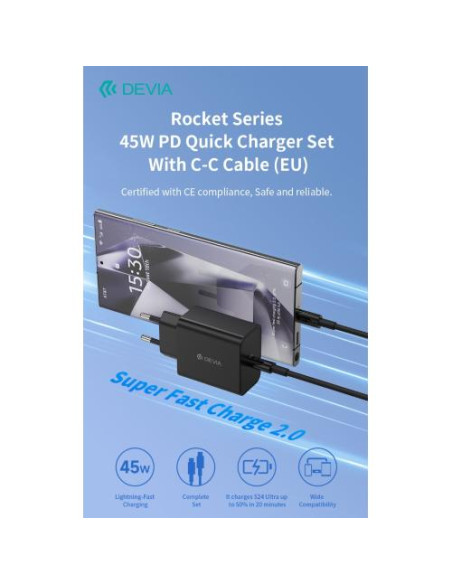 DEVIA CARICA BATTERIE PD 45 WATT CON CAVO DA C A C PER CARICA RAPIDA NERO