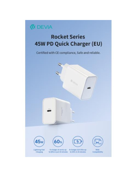 DEVIA CARICA BATTERIE PD 45 WATT TIPO-C PER CARICA RAPIDA BIANCO