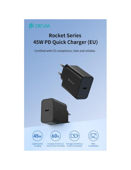 DEVIA CARICA BATTERIE PD 45 WATT TIPO-C PER CARICA RAPIDA NERO