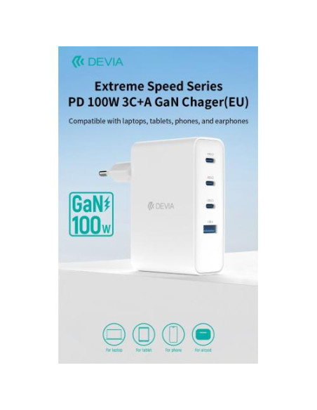 DEVIA CARICA BATTERIE PD DA 100 WATT GAN 3 USCITE TIPO-C E UNA USB A