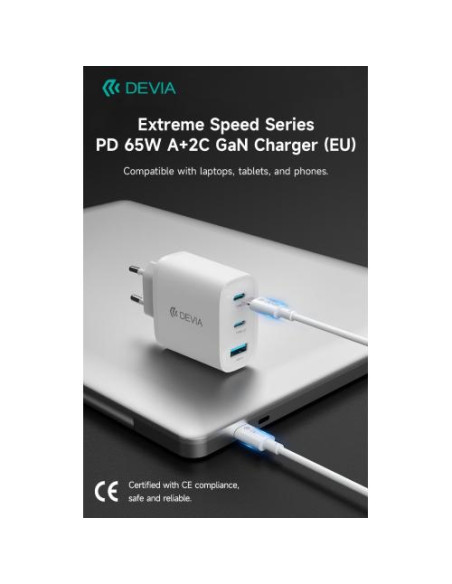 DEVIA CARICA BATTERIE PD DA 65 WATT GAN 2 USCITE TIPO-C E UNA USB A