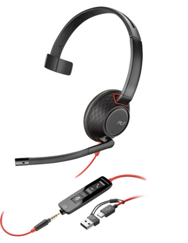 POLY Cuffie monoaurali Blackwire 5210 con connettore USB-C + spina da 3,5 mm + adattatore USB-C/A