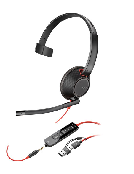 POLY Cuffie monoaurali Blackwire 5210 con connettore USB-C + spina da 3,5 mm + adattatore USB-C/A
