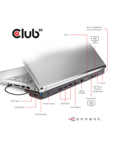 CLUB3D CSV-1564W100 replicatore di porte e docking station per laptop USB 3.2 Gen 1 (3.1 Gen 1) Type-C Nero