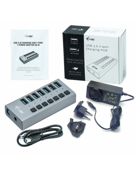 i-tec U3CHARGEHUB7 Caricabatterie per dispositivi mobili Universale Grigio AC Ricarica rapida Interno