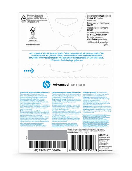 HP Confezione da 25 fogli di carta fotografica Advanced, lucida, 250 g/m2, 10 x 15 cm (101 x 152 mm)