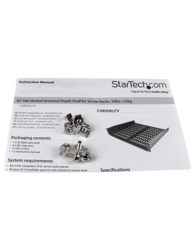 StarTech.com Scaffale cantilever per montaggio a rack universale con fessure 16" 2U - Ripiano per armadio server rack fisso - 22