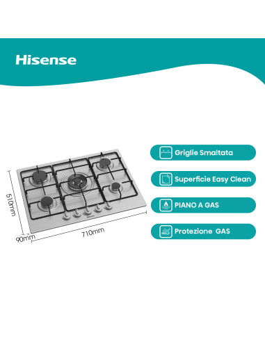 Hisense GM773XF piano cottura Acciaio inox Da incasso 71 cm Gas 5 Fornello(i)