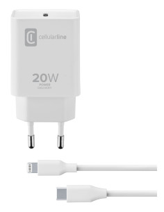 Cellularline USB-C Charger Kit 20W - USB-C to Lightning - iPhone 8 or later Caricabatterie da rete USB-C 20W per la carica alla 