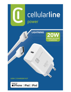 Cellularline USB-C Charger Kit 20W - USB-C to Lightning - iPhone 8 or later Caricabatterie da rete USB-C 20W per la carica alla  2