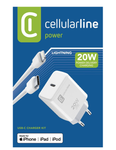 Cellularline USB-C Charger Kit 20W - USB-C to Lightning - iPhone 8 or later Caricabatterie da rete USB-C 20W per la carica alla 