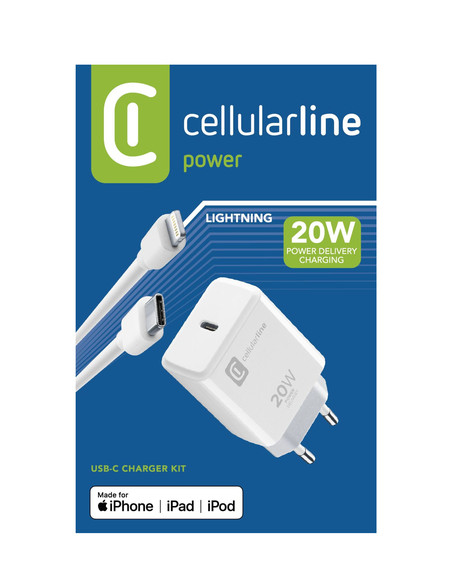 Cellularline USB-C Charger Kit 20W - USB-C to Lightning - iPhone 8 or later Caricabatterie da rete USB-C 20W per la carica alla 
