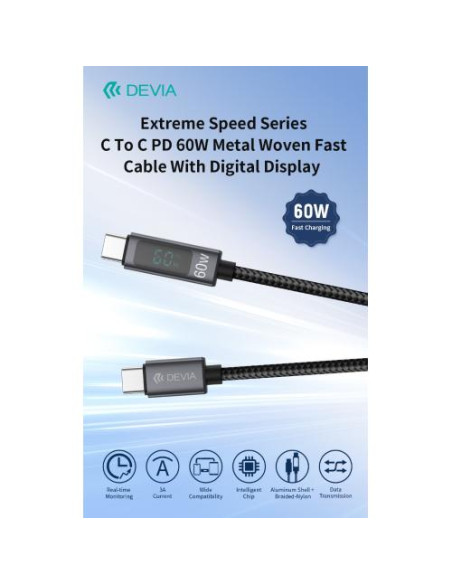 DEVIA CAVO CARICA RAPIDA 60W DA TIPO C A C CON DISPLAY DIGITALE