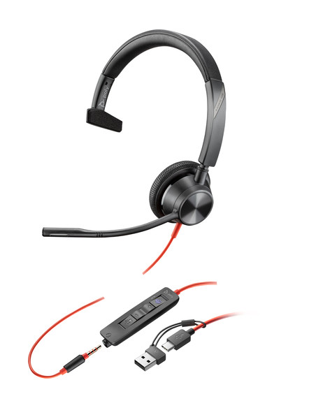 POLY Cuffie monoaurali Blackwire 3315 con connettore USB-C, certificate per Microsoft Teams + spina da 3,5 mm + adattatore USB-C