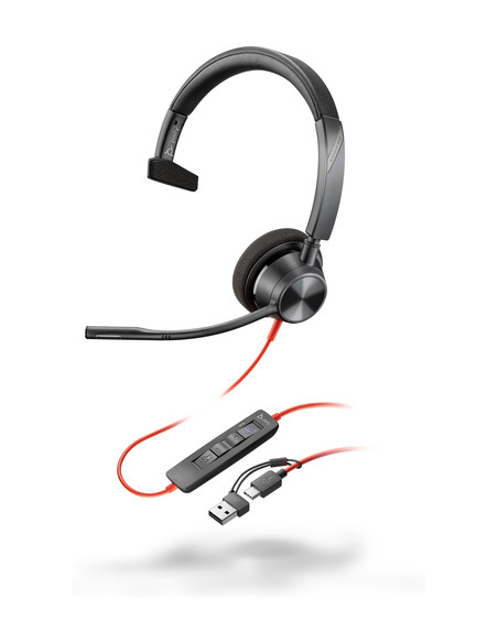POLY Cuffie monoaurali Blackwire 3310 con connettore USB-C, certificate per Microsoft Teams + adattatore USB-C/A