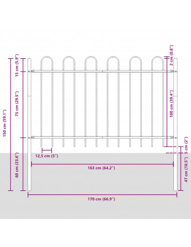 Recinzione da Giardino  con Parte Superiore a Arco Grigia 8,5x1 m in Acciaio
