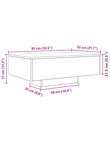 Tavolino da caffè  con luci LED Rovere Nero 85x55x31 cm