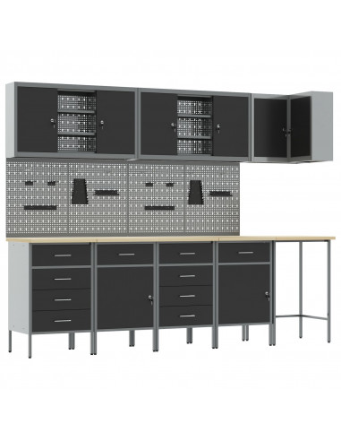 Set da 12 Pezzi per Armadio da Lavoro e Pannello Perforato Nero in MDF e Metallo