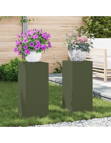 Supporti per Piante da Esterno Pillar 2 pezzi Verde Oliva 24x24x55 cm Acciaio