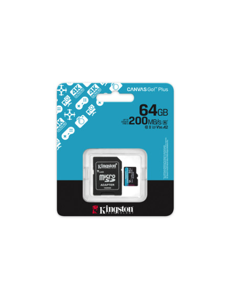 Kingston Technology Scheda microSDXC Canvas Go Plus Gen4 200MB/s A2 U3 V30 da 64 GB + adattatore