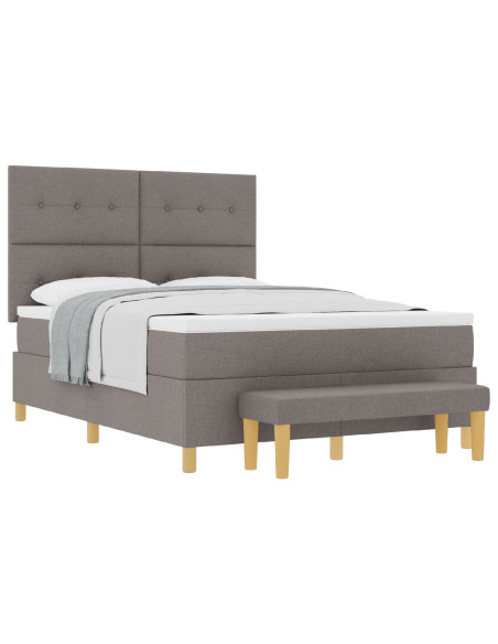 Letto Box Spring con Materasso e Panchina Tortora 140x190 cm in Tessuto