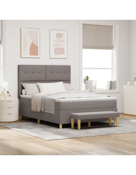 Letto Box Spring con Materasso e Panchina Tortora 140x190 cm in Tessuto