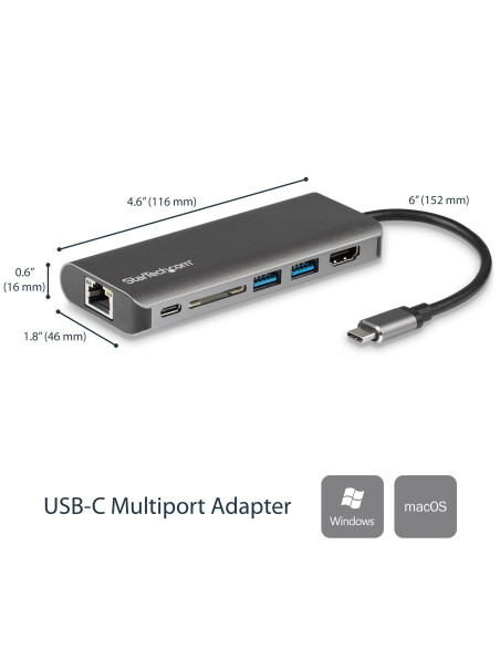 StarTech.com Adattatore Multiporta USB C, Dock USB-C Portatile con HDMI 4K, Hub 3x USB 3.0, SD/SDHC, GbE, PD 60 W Pass-Through -