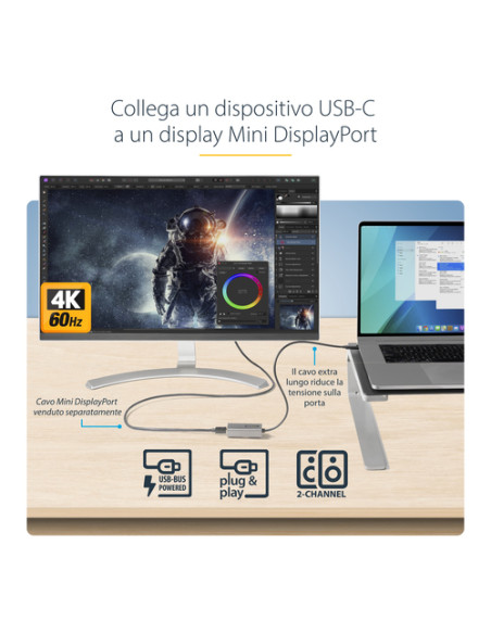 StarTech.com Adattatore USB C a Mini DisplayPort 4K 60Hz - Adattatore Dongle da USB-C a mDP - Convertitore video USB Type-C a Mi