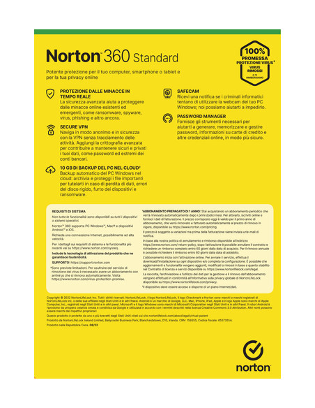 Norton 360 Standard 2024| Antivirus per 1 dispositivo | Licenza di 1 anno con rinnovo automatico | Secure VPN e Password Manager