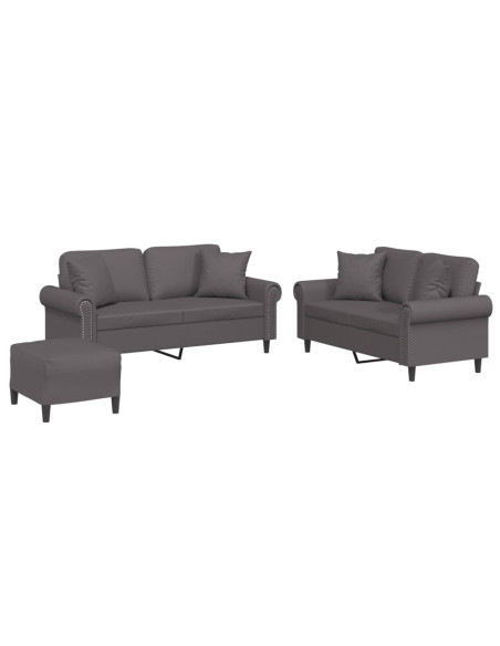 Set di Divani 3 pz con Cuscini Grigio in Similpelle