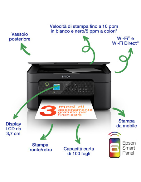 Epson WorkForce WF-2910DWF stampante multifunzione A4 getto d'inchiostro (stampa, scansione, copia) Display LCD 3.7cm, WiFi Dire