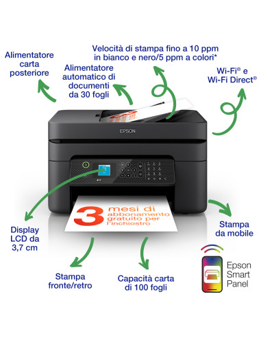 Epson WorkForce WF-2930DWF stampante multifunzione A4 getto d'inchiostro (stampa, scansione, copia), display LCD 3.7cm, ADF, WiF