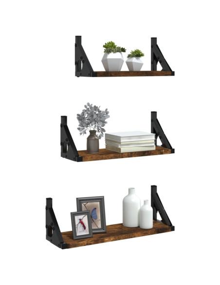 Set Mensole Parete 3pz Rovere Fumo in Legno Multistrato