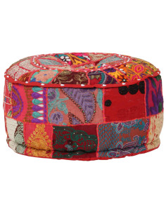 Pouf Patchwork Rotondo Fatto a Mano in Cotone 40x20 cm Rosso