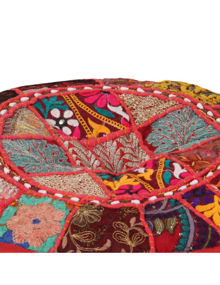 Pouf Patchwork Rotondo Fatto a Mano in Cotone 40x20 cm Rosso