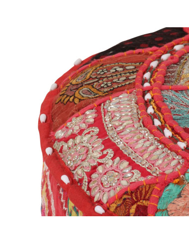 Pouf Patchwork Rotondo Fatto a Mano in Cotone 40x20 cm Rosso