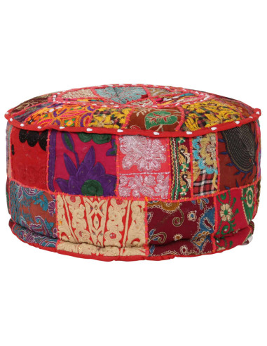 Pouf Patchwork Rotondo Fatto a Mano in Cotone 40x20 cm Rosso