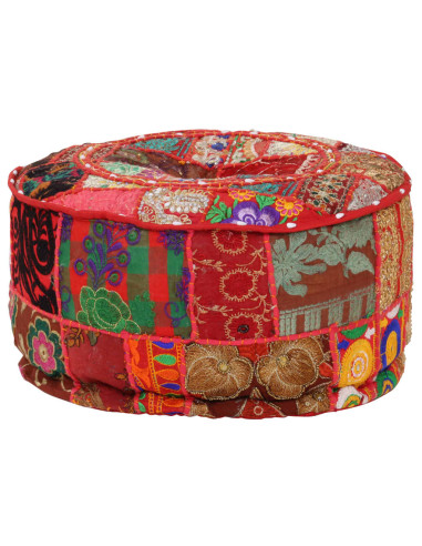 Pouf Patchwork Rotondo Fatto a Mano in Cotone 40x20 cm Rosso