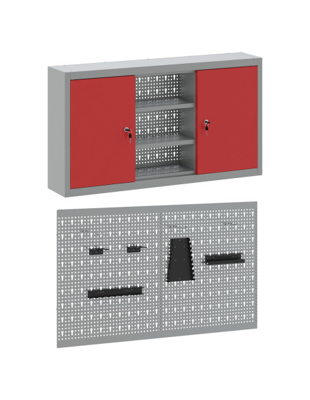 Set da Muro con Mobile per Attrezzi e Pannello Utensili a 3 Pezzi  Rosso Metallico