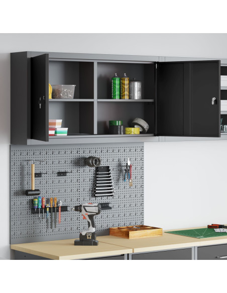 Set di armadietti e pannello attrezzi da parete in metallo nero a 3 pezzi